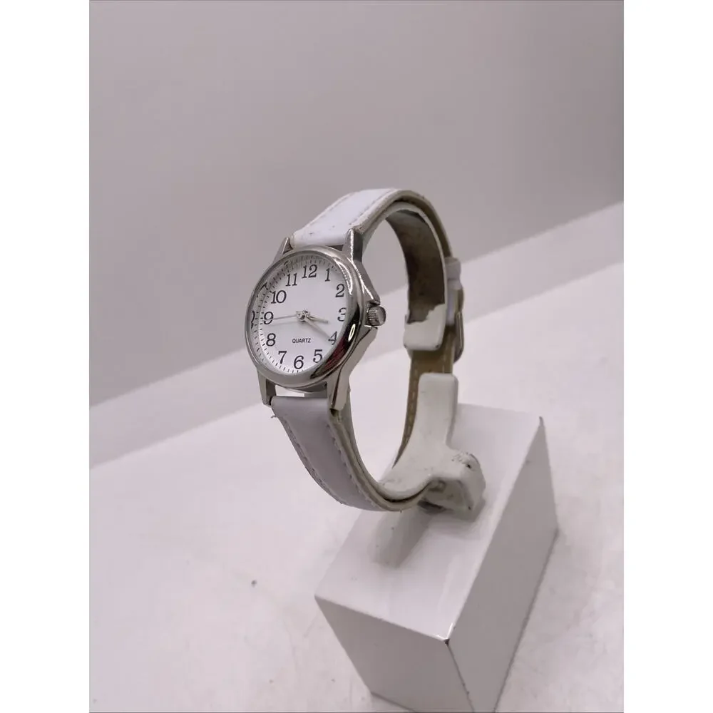 Accutime Womens White Leather Watch Works New Battery